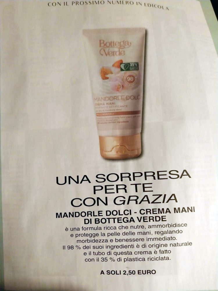 anticipazione crema mani mandorle dolci Bottega Verde con Grazia